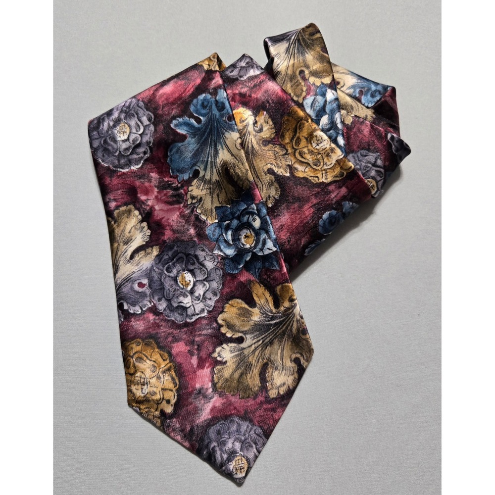 Envoy Floral Necktie Tall Floral Burgundy Gold Blue Botanical 4x63 Satin Sheen